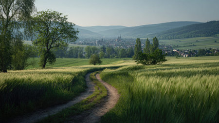 A photograph of Central European countryside with countryside fields with distant village, tree...