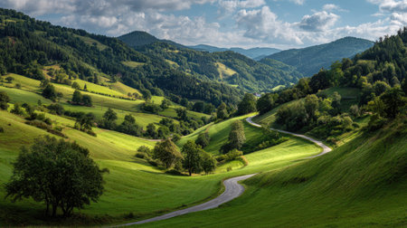 A photograph of Central European countryside 308 with farmland with winding road, grassy hillside...