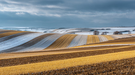 A photograph of Central European countryside with patchwork agricultural fields, golden wheat...