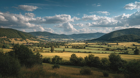 A photograph of Central European countryside 238 with countryside plateau with farms, countryside...