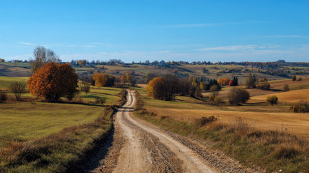 A photograph of Central European countryside with farmland with country road, countryside bushes,...
