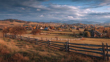 A photograph of Central European countryside with rural landscape with scattered villages, wooden farm fences, golden countryside autumn, ultra realistic landscape photography, wide angle lens, natural colors, clean composition, no peopleの写真素材