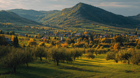A photograph of Central European countryside with countryside valley landscape, orchard fruit trees,...