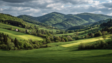A photograph of Central European countryside 249 with rural hills with scattered farms, beech forest...
