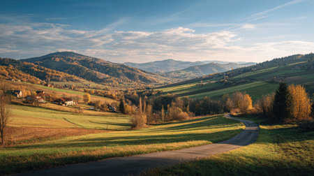 A photograph of Central European countryside 332 with rural hills with scattered farms, tree lined...