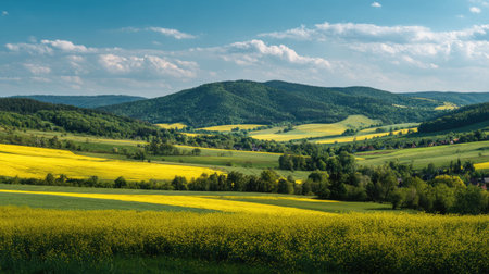 A photograph of Central European countryside with agricultural valley landscape, yellow rapeseed...
