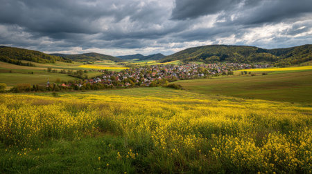 A photograph of Central European countryside with rural landscape with scattered villages, yellow...
