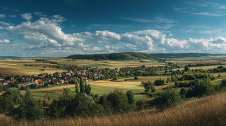 A photograph of Central European countryside with village surrounded by fields, scattered...