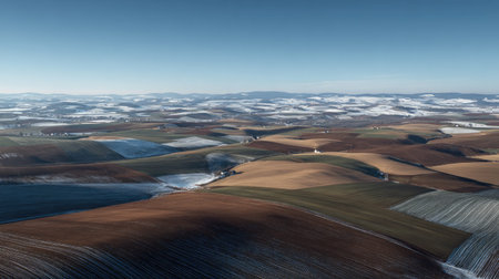 A photograph of Central European countryside with rural landscape with scattered villages, farmland...