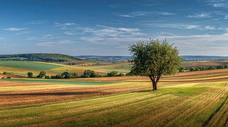 A photograph of Central European countryside with agricultural landscape with patchwork fields, orchard fruit trees, green countryside summer, ultra realistic landscape photography, wide angle lens, natural colors, clean composition, no peopleの写真素材