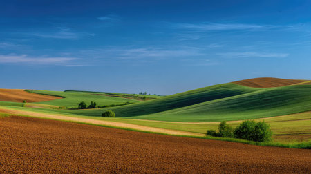 A photograph of Central European countryside 226 with rolling countryside hills, farmland soil...