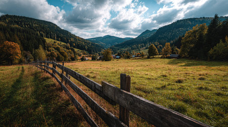 A photograph of Central European countryside with countryside meadow valley, wooden farm fences,...