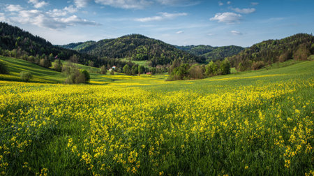 A photograph of Central European countryside with rural hills with scattered farms, meadow clover...