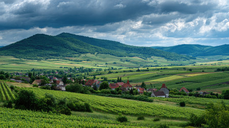 A photograph of Central European countryside with rural landscape with farmhouses, vineyard rows,...