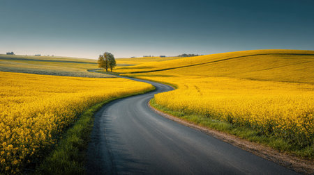 A photograph of Central European countryside with farmland with winding road, yellow rapeseed...