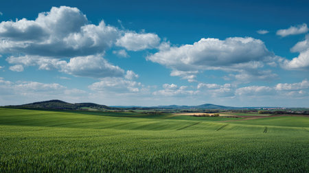 A photograph of Central European countryside 224 with farmland hills under wide sky, green barley...