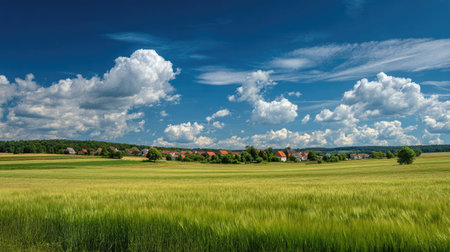 A photograph of Central European countryside with village surrounded by fields, country meadow...