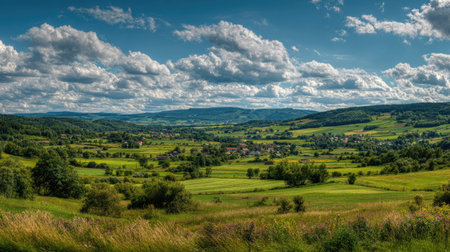 A photograph of Central European countryside with countryside plateau with farms, village garden...