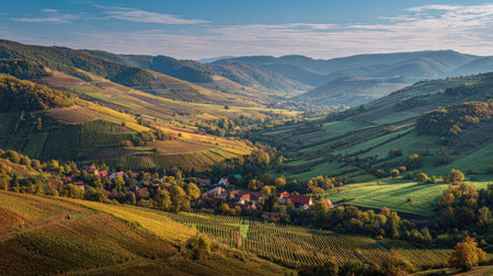 A photograph of Central European countryside with rural hills with scattered farms, vineyard rows,...