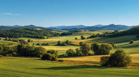A photograph of Central European countryside with farmland hills with tree lines, sunlit farmland...