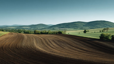 A photograph of Central European countryside 361 with countryside plateau with farms, farmland soil...