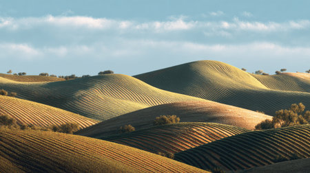 A photograph of Iberian peninsula hills 193 with iberian hillside farmland, vineyard rows, mild...