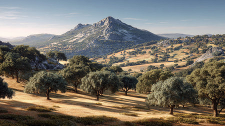 A photograph of Iberian peninsula hills 190 with iberian countryside hill panorama, cork oak trees,...