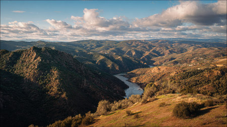 A photograph of Iberian peninsula hills 118 with iberian hills overlooking river valley, scattered...