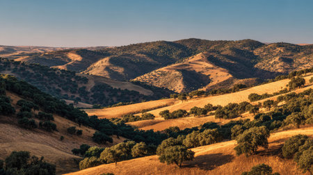 A photograph of Iberian peninsula hills 108 with iberian hillside agricultural landscape, scattered...