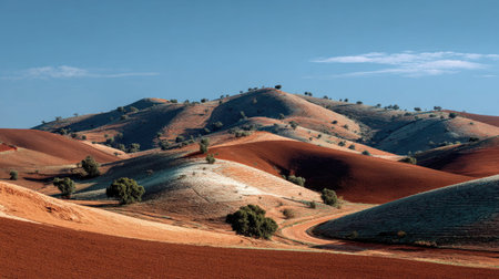 A photograph of Iberian peninsula hills 20 with iberian hillside farmland, dry red soil, mild...