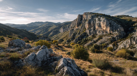 A photograph of Iberian peninsula hills 175 with iberian plateau hills, rocky limestone ground, mild...