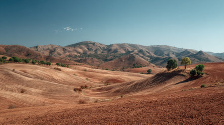 A photograph of Iberian peninsula hills 124 with iberian rural hill valley, dry red soil, hot...