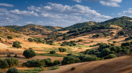 A photograph of Iberian peninsula hills 185 with iberian hillside agricultural landscape, low...
