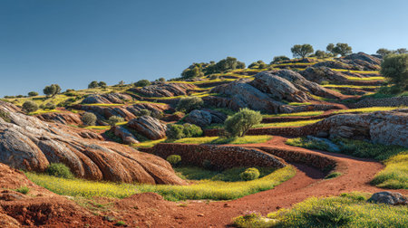 A photograph of Iberian peninsula hills 218 with iberian hills with stone terraces, dry red soil,...