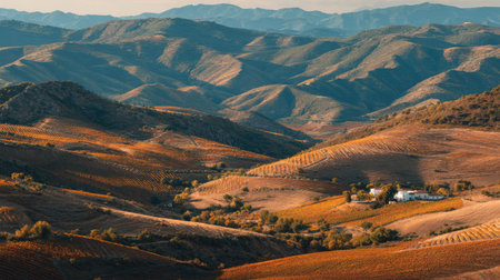 A photograph of Iberian peninsula hills 403 with iberian hills with scattered farmhouses, vineyard...