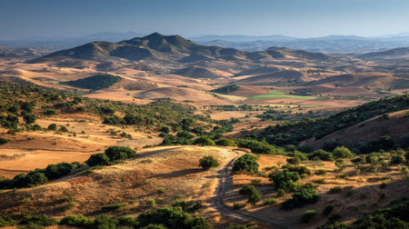 A photograph of Iberian peninsula hills 374 with iberian hills overlooking farmland, dusty...