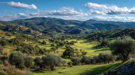 A photograph of Iberian peninsula hills 382 with iberian countryside hill plateau, rosemary bushes,...