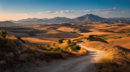 A photograph of Iberian peninsula hills 268 with sunlit iberian countryside hills, dusty countryside...