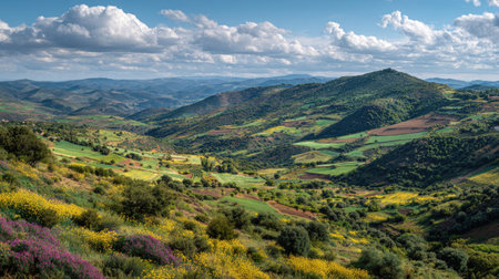 A photograph of Iberian peninsula hills 64 with iberian hillside vineyards, rural farmland soil,...