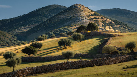 A photograph of Iberian peninsula hills 262 with olive covered hill slopes, rural stone walls, warm...