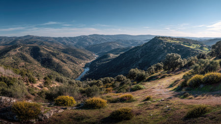 A photograph of Iberian peninsula hills 80 with iberian hills overlooking river valley, wild...