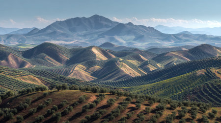A photograph of Iberian peninsula hills 397 with rolling iberian hills, almond trees, mild...