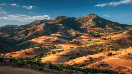 A photograph of Iberian peninsula hills 226 with iberian rural hill valley, sun baked earth, warm...