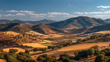 A photograph of Iberian peninsula hills 497 with iberian hills overlooking farmland, scattered cork...