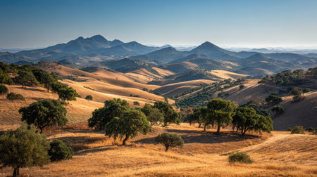 A photograph of Iberian peninsula hills 320 with iberian hills with distant mountains, cork oak...