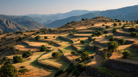 A photograph of Iberian peninsula hills with iberian hills with stone terraces, scattered...