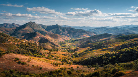 A photograph of Iberian peninsula hills 117 with iberian valley between dry hills, vineyard rows,...
