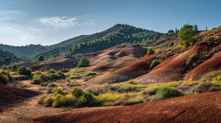 A photograph of Iberian peninsula hills 149 with iberian hill slopes with villages, dry red soil,...