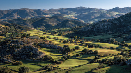 A photograph of Iberian peninsula hills 232 with iberian hillside farmland, stone farm terraces,...
