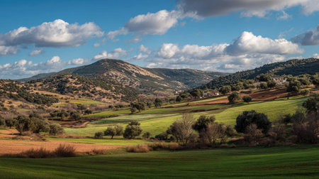 A photograph of Iberian peninsula hills 150 with iberian hillside farmland, holm oak trees, mild...